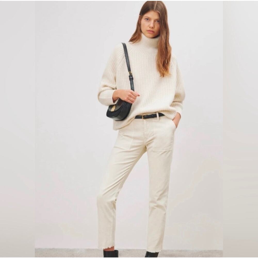Nili Lotan Eggshell Jenna Stretch Corduroy Pants 8 Soft Lightweight Raw Hem Crop